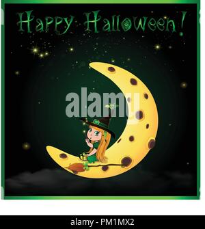 Happy halloween vettore greeting card con lo zenzero carino piccolo bambino Ragazza strega in costume verde con la scopa, bacchetta e divertente bat sul suo hat seduta sul Illustrazione Vettoriale