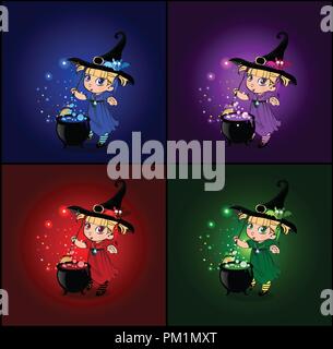 Vector cartoon set di schede di halloween con little baby streghe in costume e hat mescolare pozione di ebollizione con manico nel calderone sui vini spumanti incandescente Illustrazione Vettoriale