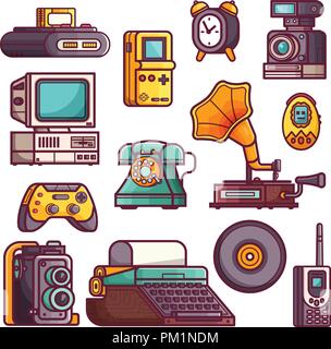 Retrò e Vintage Tech Gadget icone Illustrazione Vettoriale