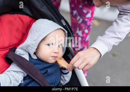 Alimentazione Mom baby boy con crosta di pane all'aperto. Bambino seduto nel passeggino durante la passeggiata e degustazione pane per la prima volta. Faccia di limone espressione. Funny ea Foto Stock