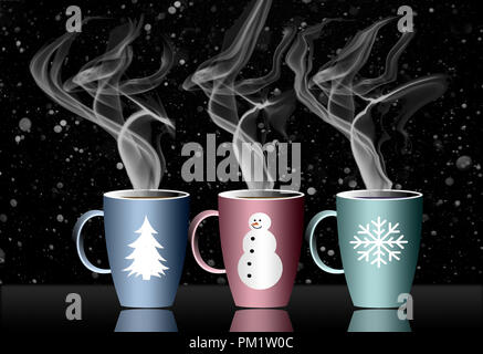 Vacanze calde bevande è illustrato con una fumante tazza su un innevate sullo sfondo scuro. Holiday, bevanda calda, bere, vapore, cioccolata calda, sidro, caffè, te Foto Stock