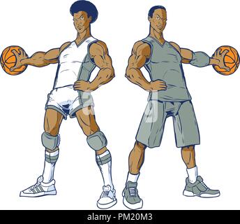 Vector cartoon clip art illustrazione di una serie di due americano africano i giocatori di basket, una moderna, uno retrò da 70â€™s, palming la palla. Uni Illustrazione Vettoriale