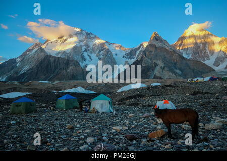 Asini a piedi passano il colorato tende da campeggio sul modo di K2 base camp con karakorum gamma in background in serata Foto Stock