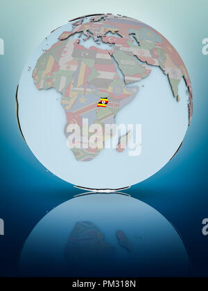 Uganda con bandiera nazionale sul globo terrestre riflettendo sulla superficie lucida. 3D'illustrazione. Foto Stock