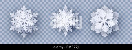 Set di vettore di 3 carta tagliata di fiocchi di neve con ombra Illustrazione Vettoriale