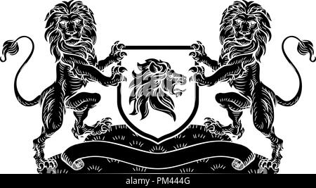 Crest Lion Shield Stemma emblema araldico Illustrazione Vettoriale