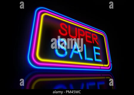 Large Super vendita neon di luce. Banner pubblicitario per venerdì nero promozione 3D'illustrazione. Foto Stock