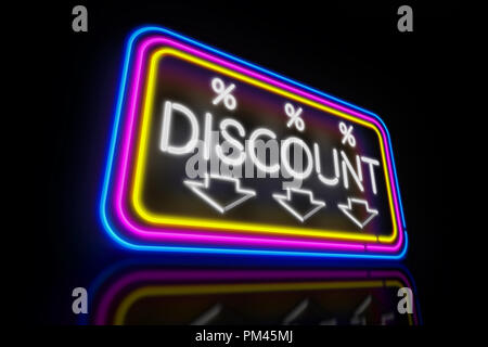 Grandi sconti al neon di luce. Banner pubblicitario per venerdì nero promozione 3D'illustrazione. Foto Stock