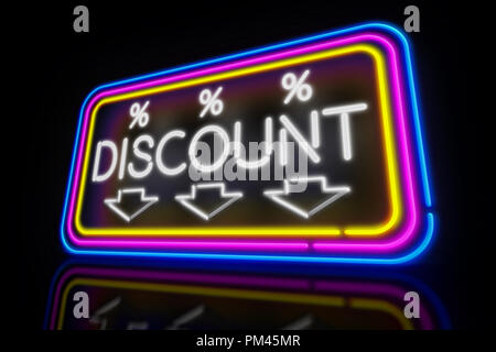 Grandi sconti al neon di luce. Banner pubblicitario per venerdì nero promozione 3D'illustrazione. Foto Stock