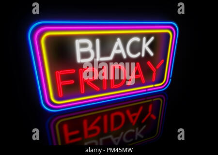 Grande Venerdì nero neon di luce. Pubblicità banner 3D'illustrazione. Foto Stock
