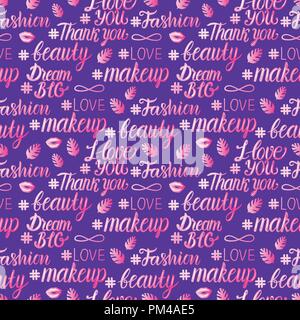 Bellezza femminile iscrizione seamless pattern. Lettering rosa isolato su sfondo viola. Illustrazione Vettoriale. Illustrazione Vettoriale
