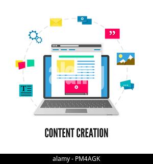 La creazione del contenuto del concetto. Computer portatile con sito web sullo schermo ed elementi di sviluppo. Social media e blog. Illustrazione di vettore isolato su bianco Illustrazione Vettoriale