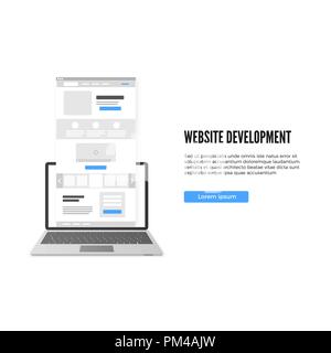 Sviluppo di un sito web concetto. Landing page del modello di business. Landing page progetto con il pulsante Azione. Illustrazione Vettoriale Illustrazione Vettoriale