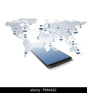 Global social network. Connessione di rete. Accesso alla rete globale in mobile app. Moderno World Wide Web o Internet concetto. Illustrazione Vettoriale Illustrazione Vettoriale