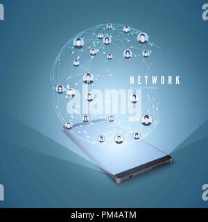 Smart Phone e globale di connessioni di rete configurazione di ologramma concetto. Sociale moderno concetto di media. Accesso a Internet mobile e social networking. Illustr vettore Illustrazione Vettoriale