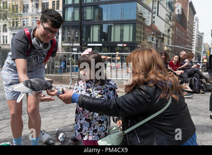 Come sua madre guarda su un giovane ragazze alimenta semi per un piccione in Union Square Park a Manhattan. Foto Stock