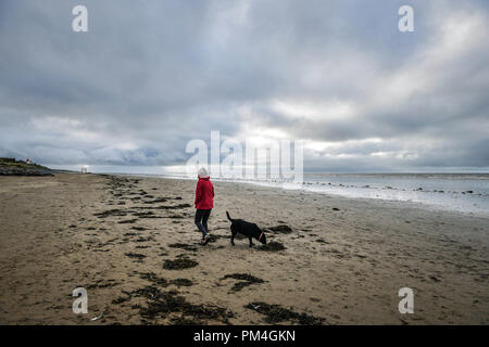 Una donna cammina il suo cane su Pendine Sands, Camarthenshire, come forecasters hanno retrocesso avvertimenti che la Tempesta Helene potrebbe rappresentare un rischio per la vita quando si raggiunge questa settimana, ma ha messo in guardia le comunità costiere a rimanere vigili. Foto Stock