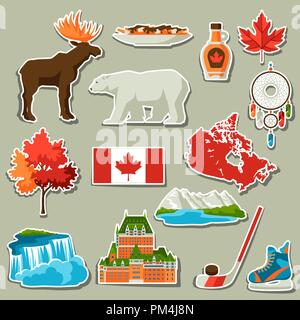 Canada sticker set di icone. Illustrazione Vettoriale