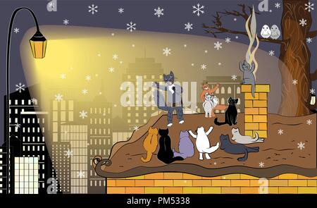 Vettore d'inverno biglietto di auguri con gatti felici. Il canto gatto con il microfono e il suo pubblico. Carino il cantante gatto sul tetto e i suoi fan. Febbraio serenade Illustrazione Vettoriale