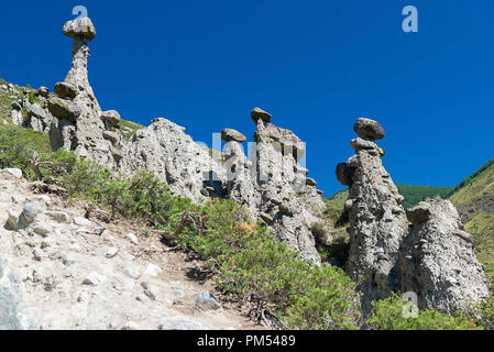 Naturale di formazioni di pietra nella valle Chulyshman 'Stone funghi" in una giornata di sole, Ulagansky District, Altai Repubblica, Russia Foto Stock