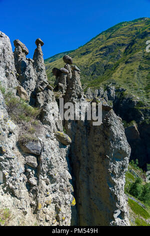 Naturale di formazioni di pietra nella valle Chulyshman 'Stone funghi", Ulagansky District, Altai Repubblica, Russia Foto Stock