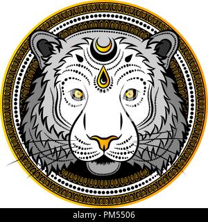 Stilizzata Tiger faccia. Disegnata a mano doodle illustrazione vettoriale. Schizzo per tatuaggio o makhenda indiano design. Illustrazione Vettoriale
