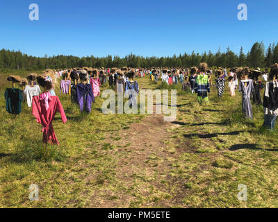 SUOMUSSALMI, Finlandia - 10 luglio 2018: popolo silenzioso è opera dell artista Reijo Kela ha. Questo lavoro comprende circa mille spaventapasseri. Popolo silenzioso mov Foto Stock