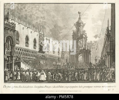 Il Doge assiste il Giovedi Grasso Festival in Piazzetta. Data: 1763/1766. Dimensioni: piastra: 44,8 x 57,2 cm (17 5/8 x 22 1/2 in.) foglio: 49,3 x 69,1 cm (19 7/16 x 27 3/16 in.). Medium: attacco e incisioni su carta vergata. Museo: National Gallery of Art di Washington DC. Autore: Giovanni Battista Brustolon dopo il Canaletto. Brustolon, Giambattista. Foto Stock