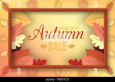 Vendita autunnale design banner con lo sconto etichetta colorata in foglie di autunno sfondo. Illustrazione Vettoriale. Illustrazione Vettoriale