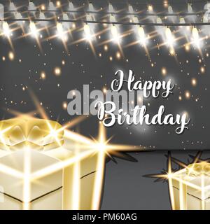 Buon compleanno disegno vettoriale con lampada e gold confezione regalo di festa e di celebrazione Illustrazione Vettoriale