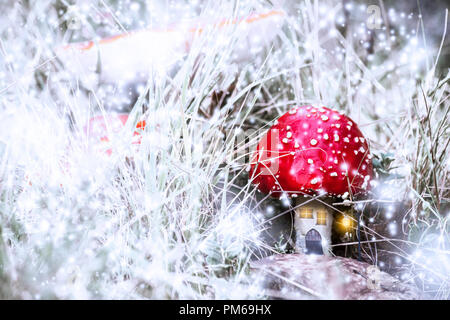 Fungo rosso casa con macchie bianche fiocchi in una foresta di fantasia con la neve e la luce Foto Stock