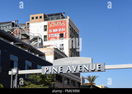 LONG BEACH, California - 10 settembre 2018: storico viale di pini segno, Long Beach. Abbraccia l'arco Pine tra la quarta e la quinta strada. Foto Stock