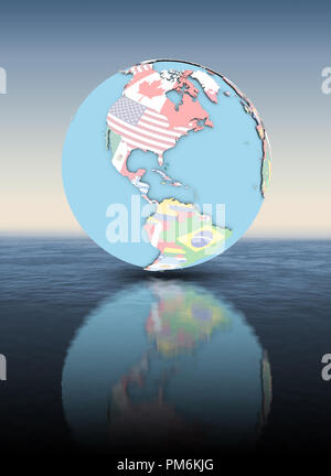 Bahamas sul globo politico con le bandiere nazionali galleggiante sopra l'acqua. 3D'illustrazione. Foto Stock