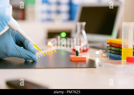 Uno scienziato in un laboratorio di analisi mediche con un erogatore nelle sue mani sta facendo un'analisi genetica di campioni Foto Stock