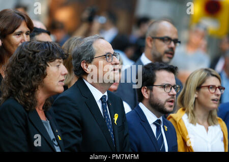 Quim Torra, presidente della regione catalana di Catalogna festeggiare a Barcellona il loro Diada, annualmente un nazionalismo catalano celebrazione da secoli Foto Stock