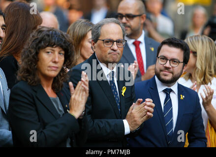 Quim Torra, presidente della regione catalana di Catalogna festeggiare a Barcellona il loro Diada, annualmente un nazionalismo catalano celebrazione da secoli Foto Stock
