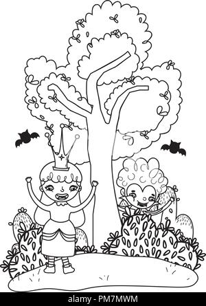 Schema dei bambini felici con il costume di halloween e pipistrelli Illustrazione Vettoriale