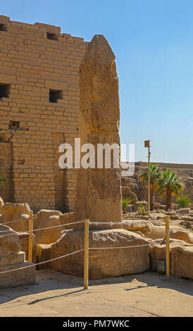 Testa di ariete sfingi collocate al primo pilone o ingresso al Complesso del tempio di Karnak, comunemente noto come Karnak Luxor Egitto Foto Stock