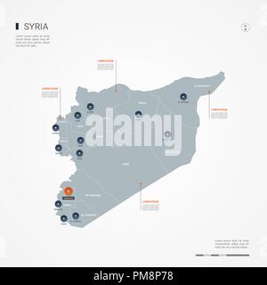 Mappa di Siria con bordi, città capitale e divisioni amministrative. Infografico mappa vettoriale. Livelli modificabili chiaramente etichettati. Illustrazione Vettoriale