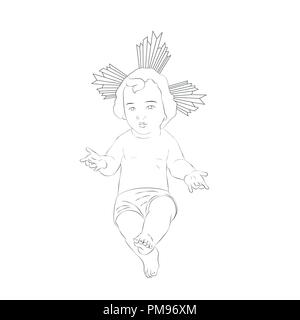 Immagine di Gesù Bambino, disegno della Natività, bianco e nero, linea. Illustrazione Vettoriale