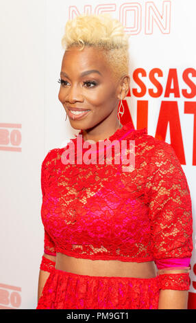 New York, NY - 17 Settembre 2018: Anika Noni Rose indossando abiti da bambola Gingham assiste premiere di assassinio Nazione a Metrograph Foto Stock