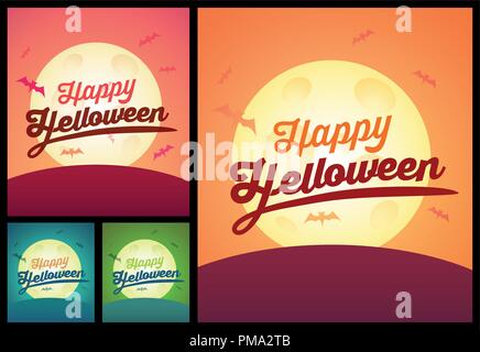 Set di Happy Helloween Greating Cards. Creepy vettore poster di invito in colori diversi Illustrazione Vettoriale