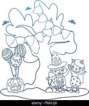 Profilo degradato grils con costumi di scena e zucca con palloncini e albero Illustrazione Vettoriale