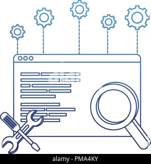 Profilo degradato del codice del sito web del programma e lente di ingrandimento con attrezzature Illustrazione Vettoriale