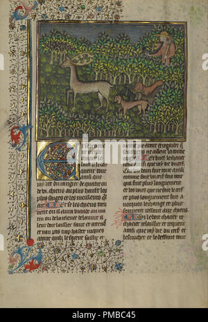 Un cacciatore e cani perseguendo un daino. Data/Periodo: ca. 1430 - 1440. Folio. Tempere, oro vernice, vernice argento e foglia oro su pergamena. Altezza: 264 mm (10.39 in); larghezza: 184 mm (7,24 in). Autore: Sconosciuto. Foto Stock