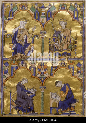 La Bibbia moralisée de Tolède, dite la bibbia de Saint-Louis, scène de dédicace. Data/Periodo: ca. 1220-1230. Illuminazione su pergamena. Altezza: 34,4 cm (13,5"); larghezza: 26 cm (10.2 in.). Autore: Sconosciuto. Anonimo. Foto Stock