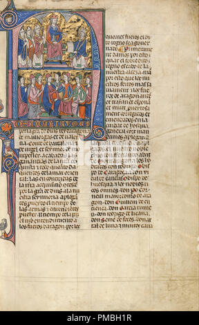 N iniziale: Vidal de Canellas offrendo il suo testo di King James. Data/Periodo: ca. 1290 - 1310. Folio. Tempere, foglia oro e inchiostro su pergamena. Altezza: 365 mm (14.37 in); larghezza: 240 mm (9,44 in). Autore: Sconosciuto. Foto Stock