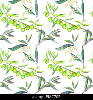 Il verde di rami di olivo con frutti, fiori e foglie, seamless pattern design, dipinte a mano illustrazione ad acquerello Foto Stock