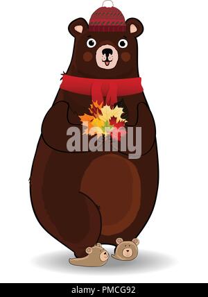 Vector personaggio dei fumetti illustrazione del simpatico orso in rosso sciarpa lavorata a maglia e hat holding caduti colorate foglie di acero bouquet nelle zampe isolato su bianco Illustrazione Vettoriale