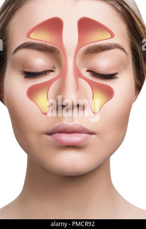 Volto femminile mostra seni nasali con freddo su sfondo bianco. Foto Stock